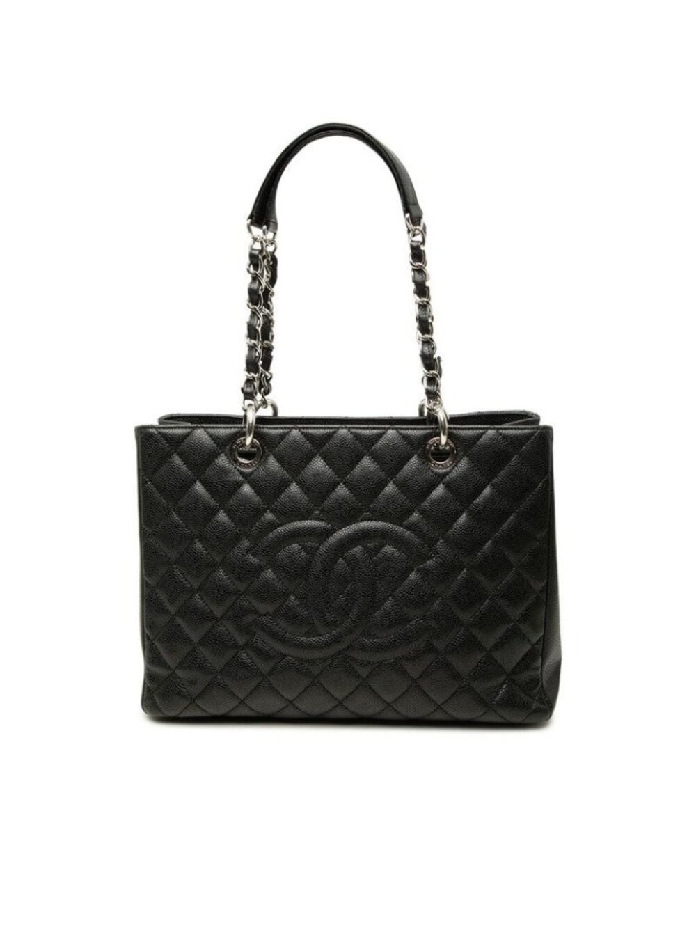 Chanel CC Logo Grand Shopping Tote GST Quilted Shoulder Bag Black Silver Caviar